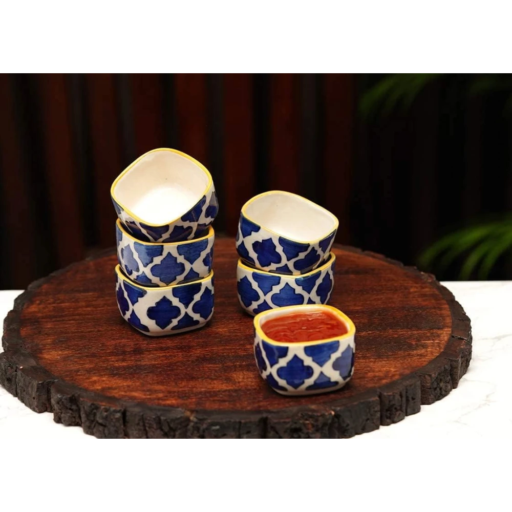 HOUSELA Stoneware Blue Classic Moroccan Pattern Chutney/Serving/Dessert/Dip/Bowl -Set of 6(Square Shape,Microwave & Dishwasher Safe