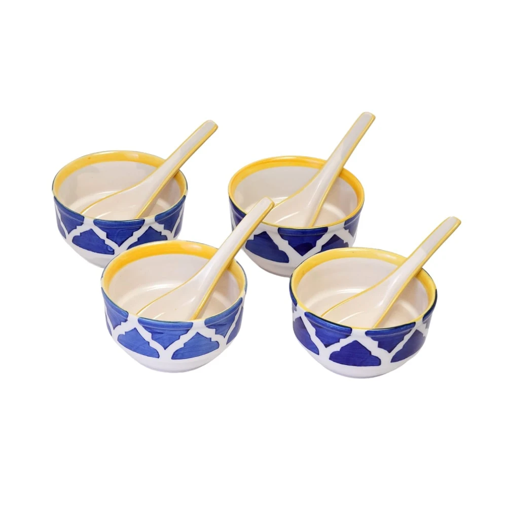 HOUSELA Soupy Floral Handpainted Ceramic Modern Soup Set Bowl with Spoon Microwave Safe Dishwasher Safe (300 ml, Blue & White) -Set of 4