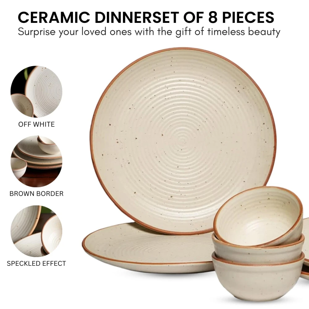 Stoneware Ceramic Dinner Set 8 Pieces – 4 Dinner Plates & 4 Bowls | Rustic Speckled Spiral Design | Microwave & Dishwasher Safe | Modern Dining Tableware Set for Home & Kitchen Use