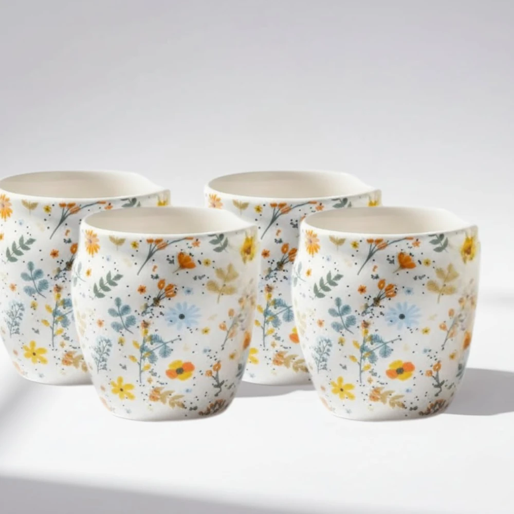 HOUSELA Hand-Painted Ceramic Sun-Floral Art kulhad Set of 4 Cups |kullad Tea Set | kulhad chai Cups | Hand Painted kulhad Coffee Mug, Multicolor((Microwave & Dishwasher Safe)