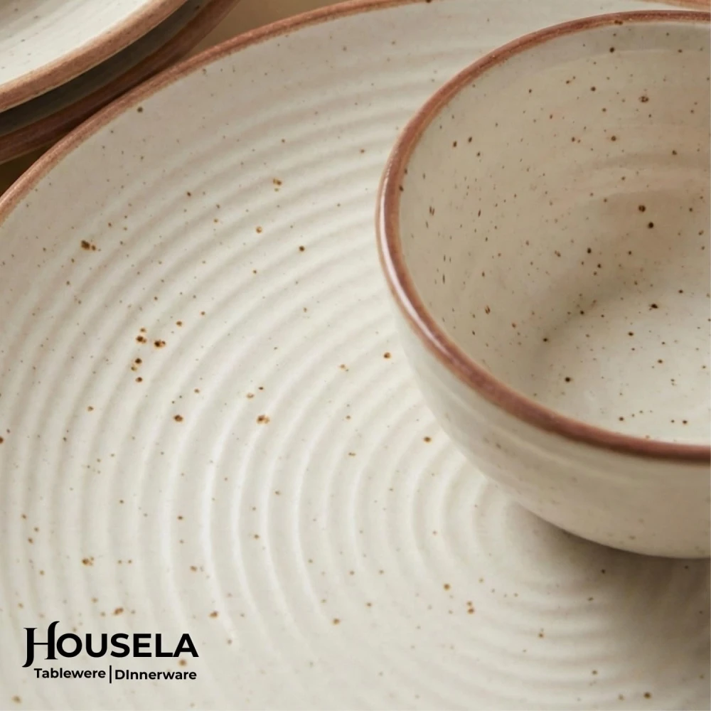 Housela Stoneware Ceramic Solid Dinner Set of 4 Pieces for Dinner with Katoris (4 Pieces, 2 Bowl & 2 Plates, Dishwasher & Microwave Safe)-Dinner Sets Ceramic Bowls Set Dinnerware Sets-Off White