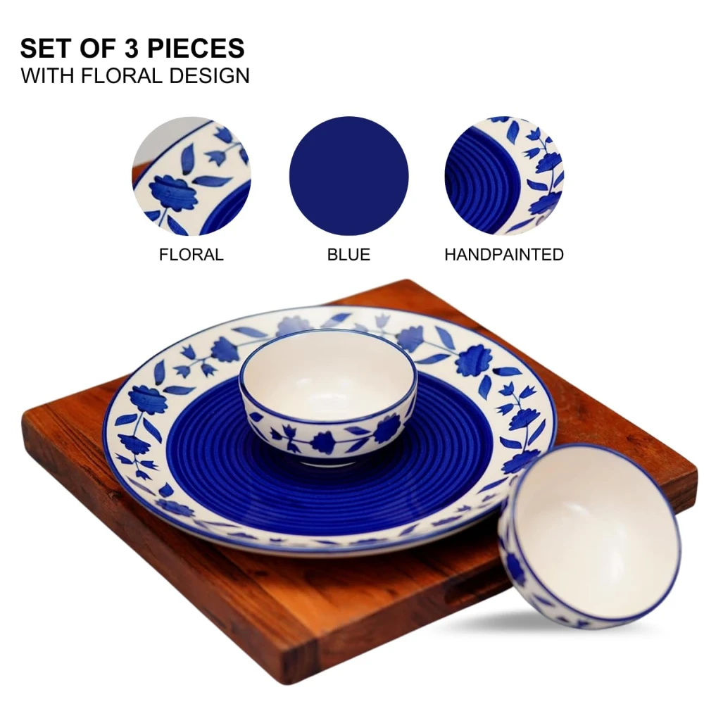 Hand-Painted Floral Ceramic Dinner Set of 3 Pcs | 1 Ceramic Dinner Plate and 2 Bowl/katori | Bone Ash Free | Microwave and Dishwasher Safe - Blue