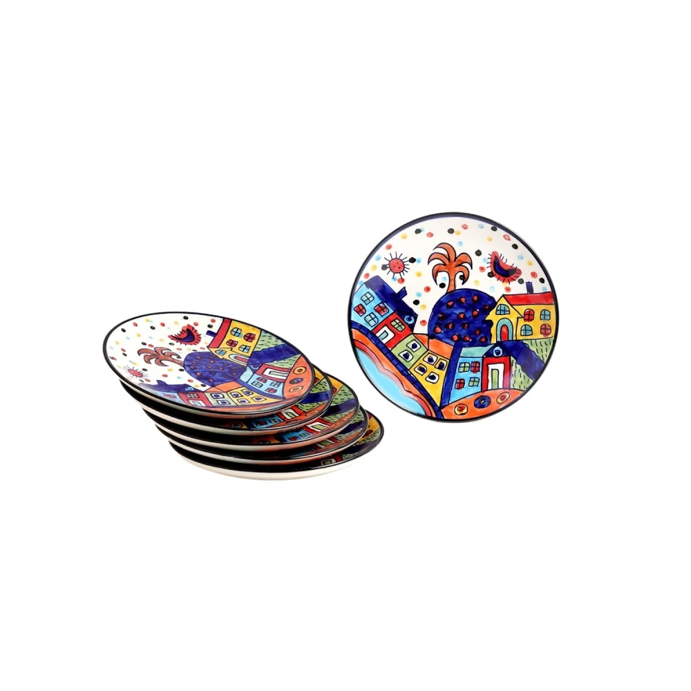 HOUSELA Hut-Handcrafted Hut Dining Quarter Plates Pair Handpainted Ceramic Dinner Plates (7 Inches, 6 Pieces, Microwave & Dishwasher Safe)-Multicolor