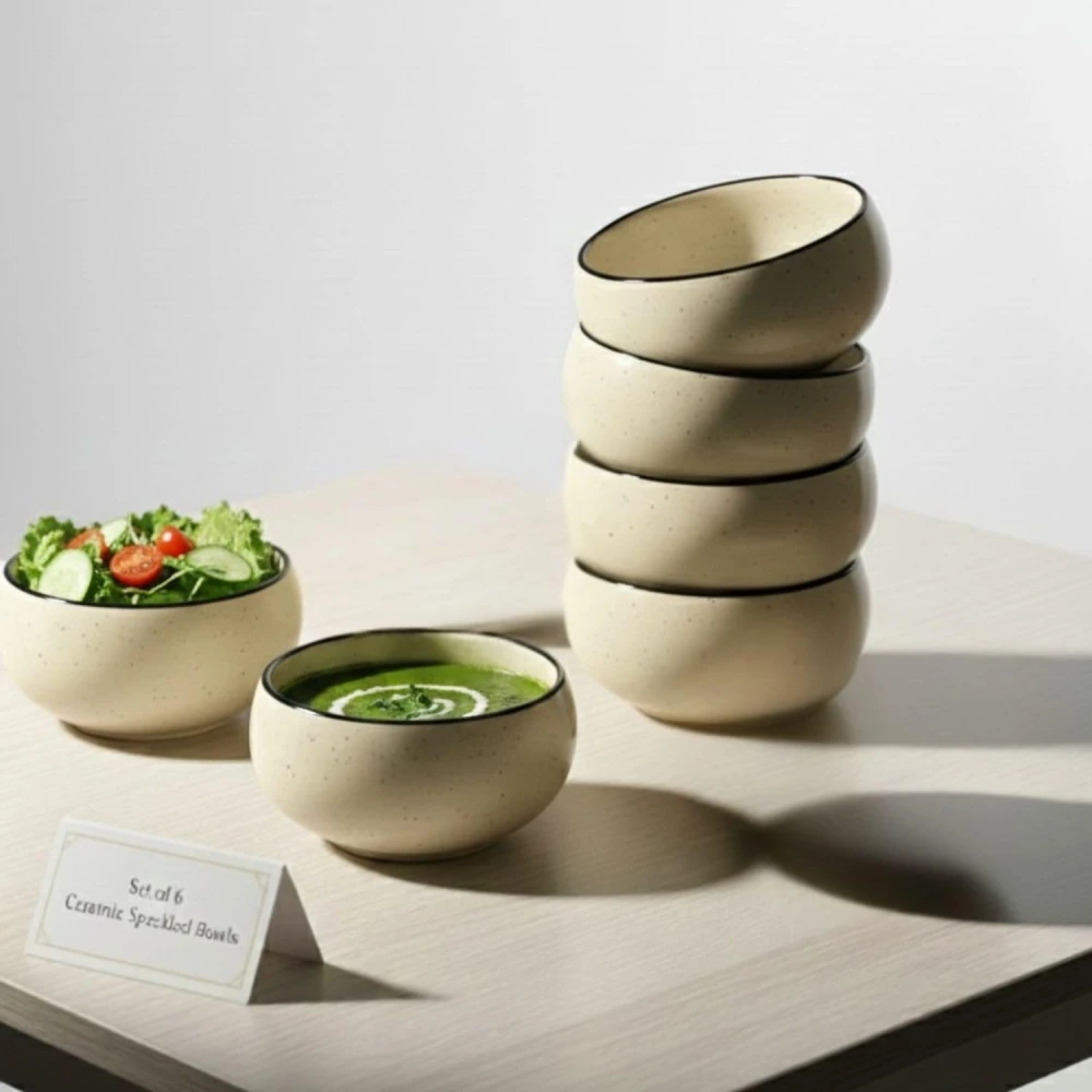 HOUSELA Artisan Ceramic Speckled Bowls, Set of 6, Cream, 150 ML Capacity, Modern Minimalist Style for Soup, Cereal, Salad