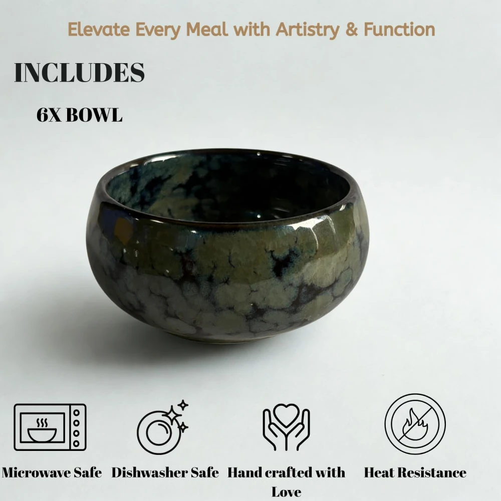 HOUSELA Studio Pottery Blue Glazed Ceramic Bowls – 6 Pc Set for Snacks, Sides & Desserts