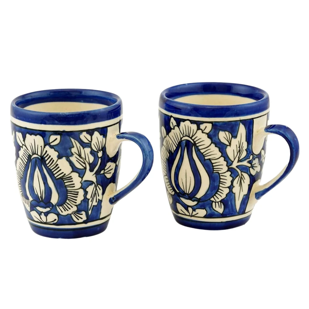 Blue Pottery Ceramic Coffee & Tea Mug Set | Traditional Floral Design | Lead-Free, Microwave & Dishwasher Safe | 300 ml – 150 ML Set of 2 Cups
