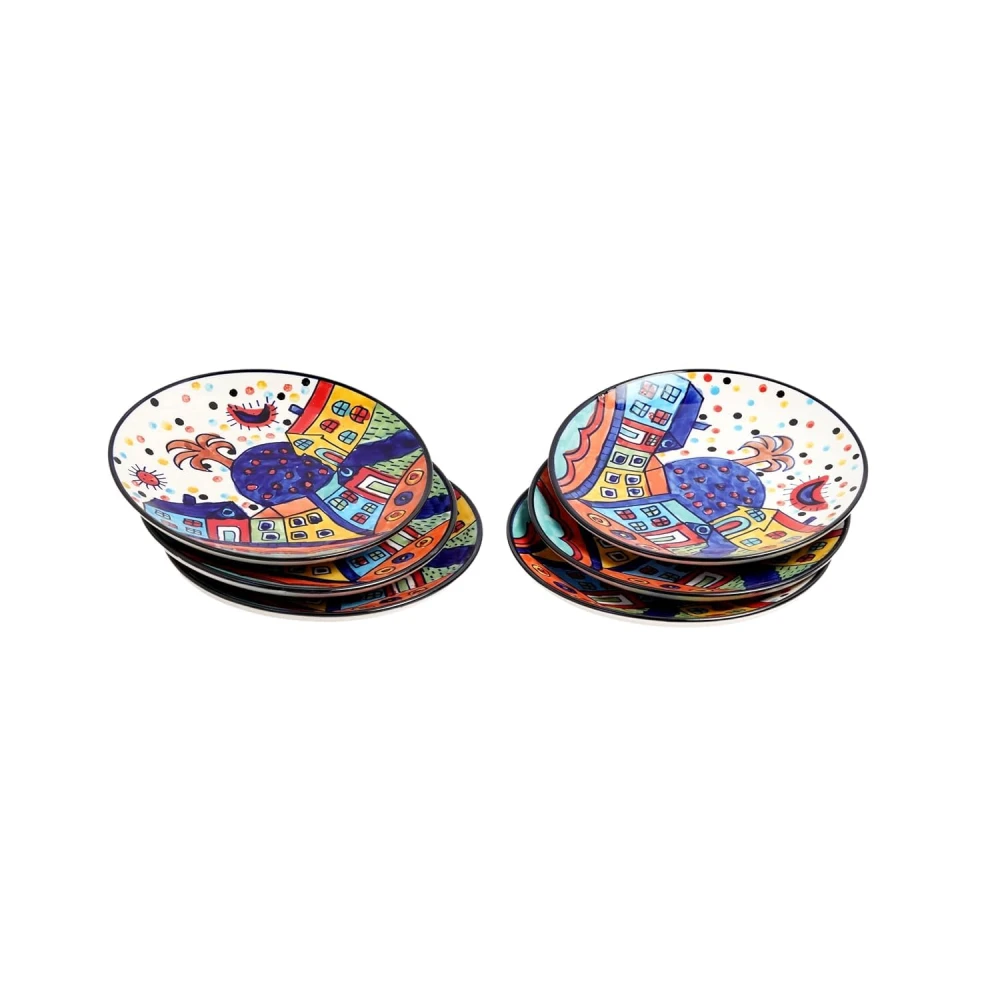 HOUSELA Hut-Handcrafted Hut Dining Quarter Plates Pair Handpainted Ceramic Dinner Plates (7 Inches, 6 Pieces, Microwave & Dishwasher Safe)-Multicolor