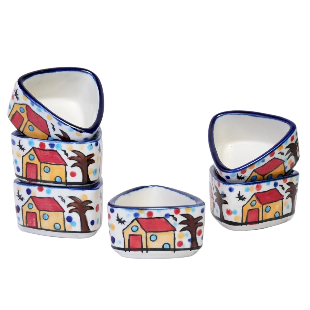HOUSELA Hand Painted White Ceramic Triangle Shape Bowl for Serving Chutney Bowl Sauce Bowl Pickle Bowl Set of 6 Pcs