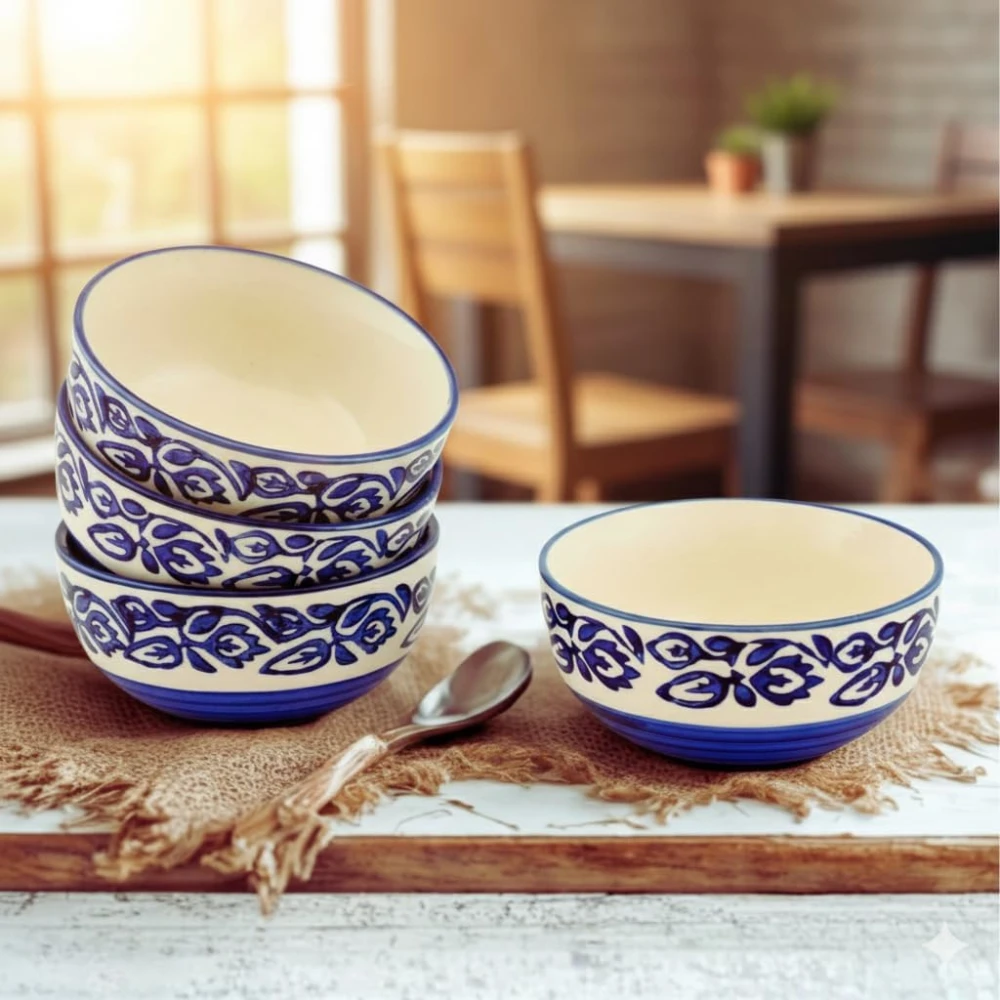 HOUSELA HOUSELAHand-Painted Multicolored Ceramic Floral Bowls Set Ceramic Vegetable Bowl/Dessert Bowl/Soup Bowl (Multicolor, Pack of 4)