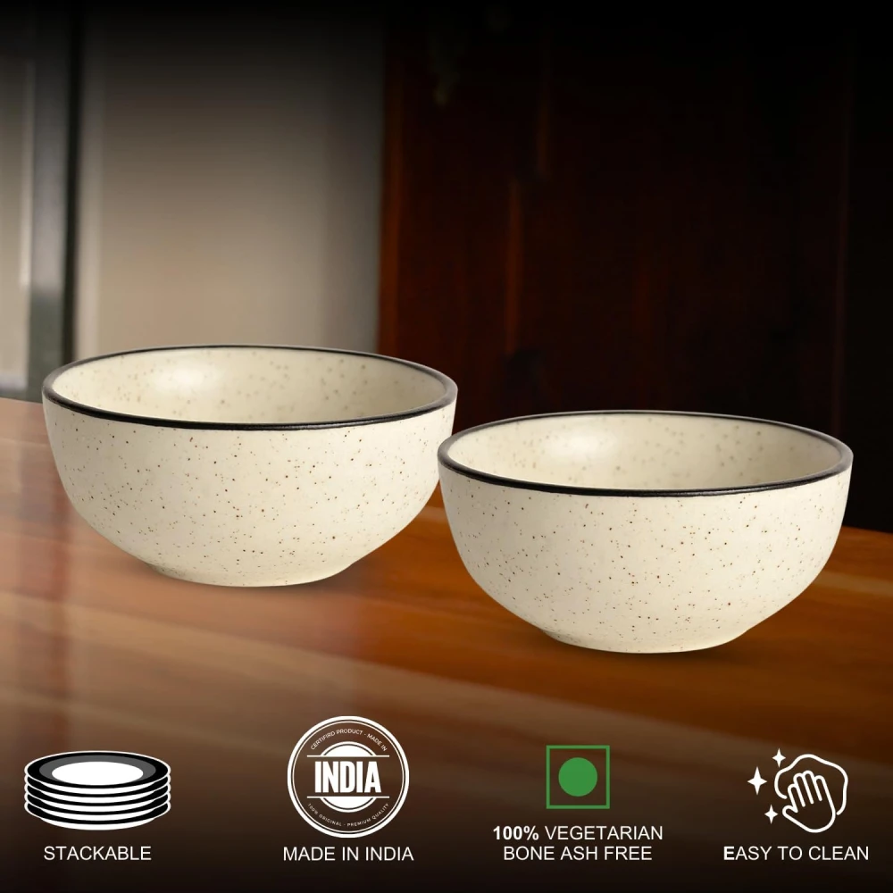 HOUSELA Hand-Painted White Ceramic Black Dotted Speckled Bowl Set of 4 (200ml) | Small Serving Soup Bowls, Cereal Bowl, Pasta Bowls | Dishwasher & Microwave Safe - Off White