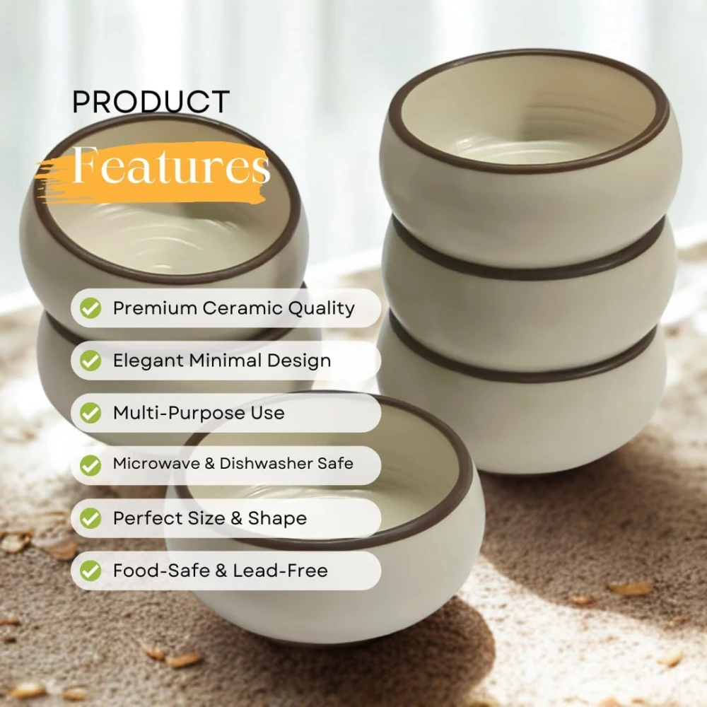 HOUSELA Ceramic Serving Bowls Set of 6-150ml Small Bowls Cream Brown Rim | Microwave Safe for Snacks Chutney Dessert Dips