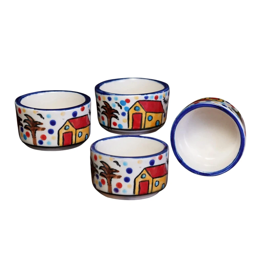 HOUSELA Handpainted 4 Dips of Hut Ceramic Dip Bowl/Chutney Bowl/Pickle Bowl/Sauce Serving Bowl Set (50 ML, Small, 4-Pieces, Multicolour, Cartoon Shape Round)