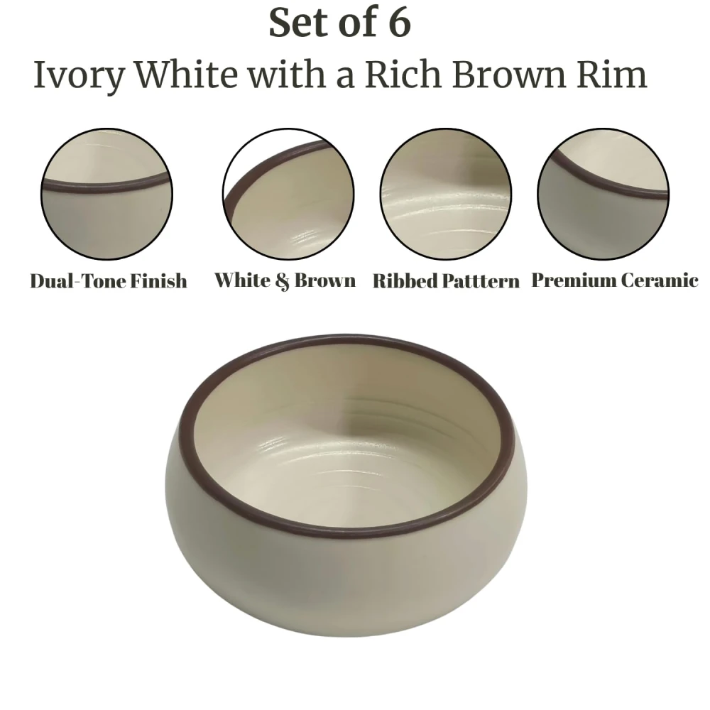 HOUSELA Ceramic Serving Bowls Set of 6-150ml Small Bowls Cream Brown Rim | Microwave Safe for Snacks Chutney Dessert Dips