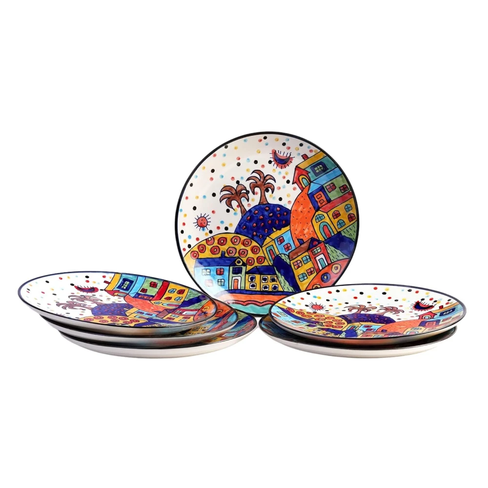 HOUSELA Hut Dining Hand-Painted Stoneware Premium Ceramic 10-inch Dinner Plate Set of 6 Pcs | Bone Ash Free | Microwave and Dishwasher Safe - Multicolor