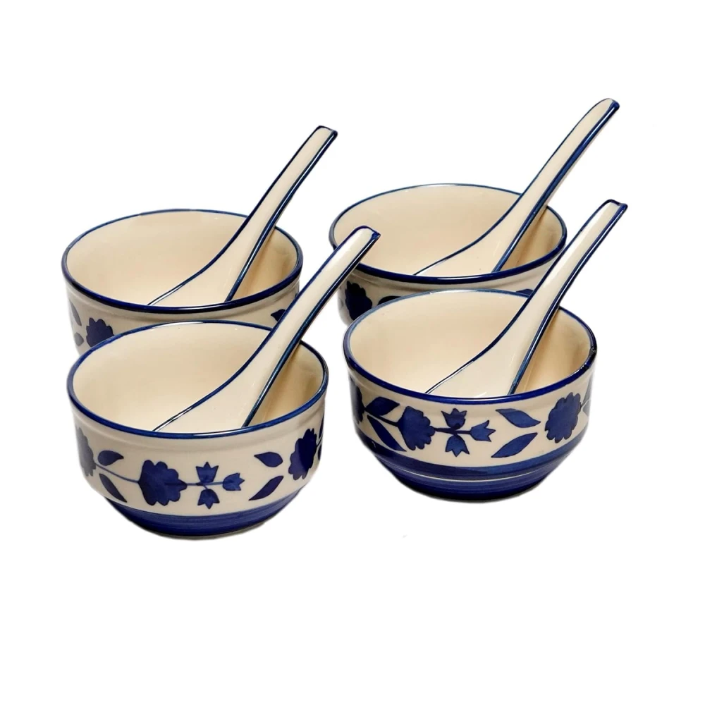 HOUSELA Soupy Floral Handpainted Ceramic Modern Soup Set Bowl with Spoon Microwave Safe Dishwasher Safe (300 ml, Blue & White) -Set of 4