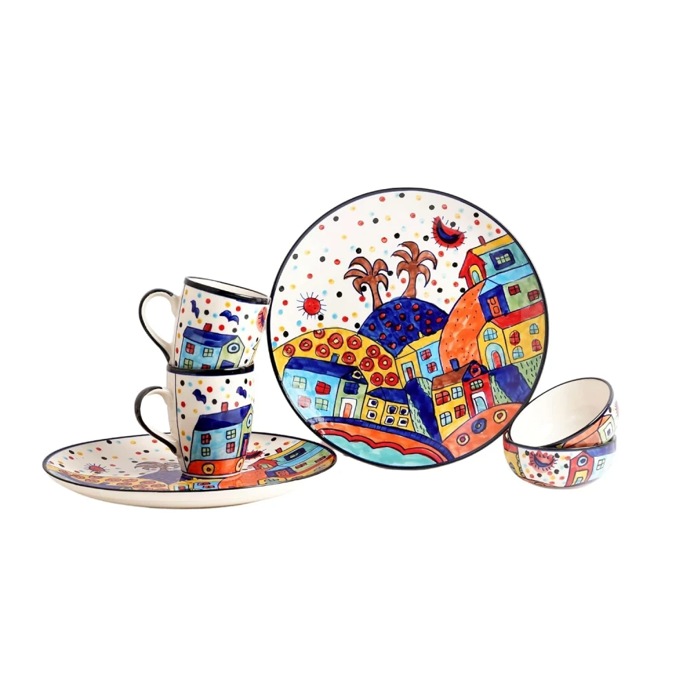 HOUSELA Hut Family Hand-Painted Ceramic Plates Thali 2 Dinner Plates in 10 Inch with 2 Katoris & 2 Coffee Mug (6 Pieces, Dishwasher & Microwave Safe)