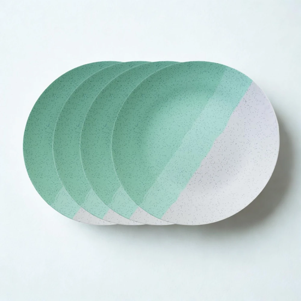 HOUSELA Set of 4 Modern Ceramic Dinner Plates – 10.6'' Speckled Stoneware Plates with Half Mint Green & White Design/Microwave & Dishwasher Safe