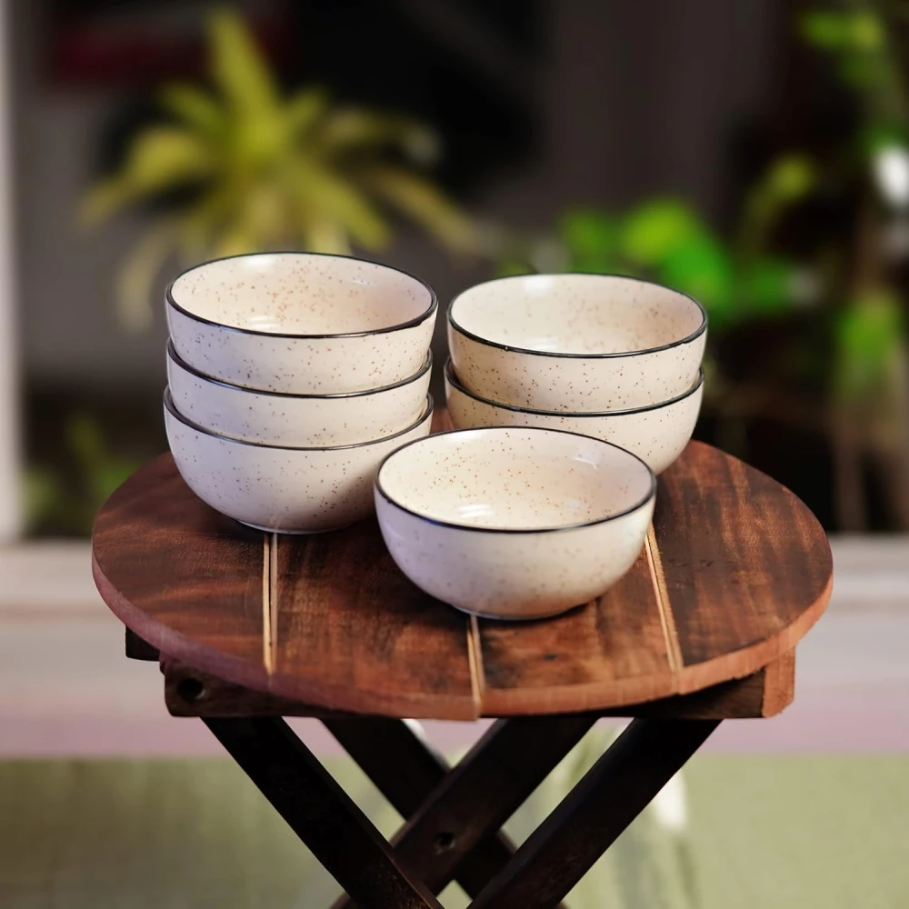 HOUSELA Hand-Painted White Ceramic Black Dotted Speckled Bowl Set of 6 (200ml) | Small Serving Soup Bowls, Cereal Bowl, Pasta Bowls | Dishwasher & Microwave Safe - Off White