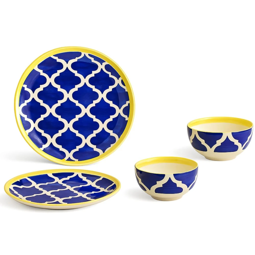 Morrocan/Umrao Ceramic Plates for Dinner with Katoris (4 Pieces, 2 Bowl & 2 Plates, Dishwasher & Microwave Safe) -Dinner Sets -(Blue & Yellow)
