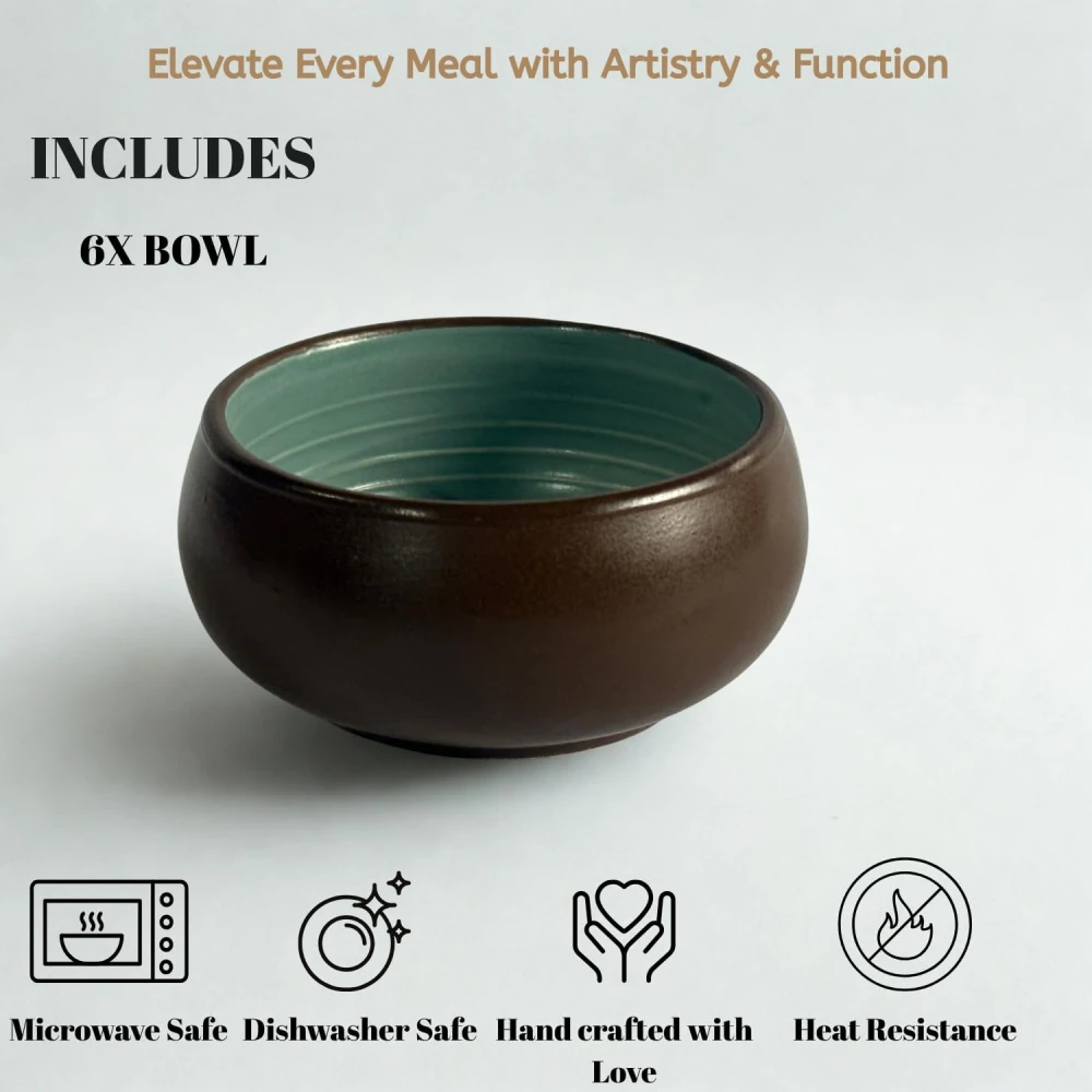 HOUSELA Handcrafted Ceramic Serving Bowls – Set of 6 | Dual Tone (Brown & Teal) | 150 ml Each | Microwave & Dishwasher Safe