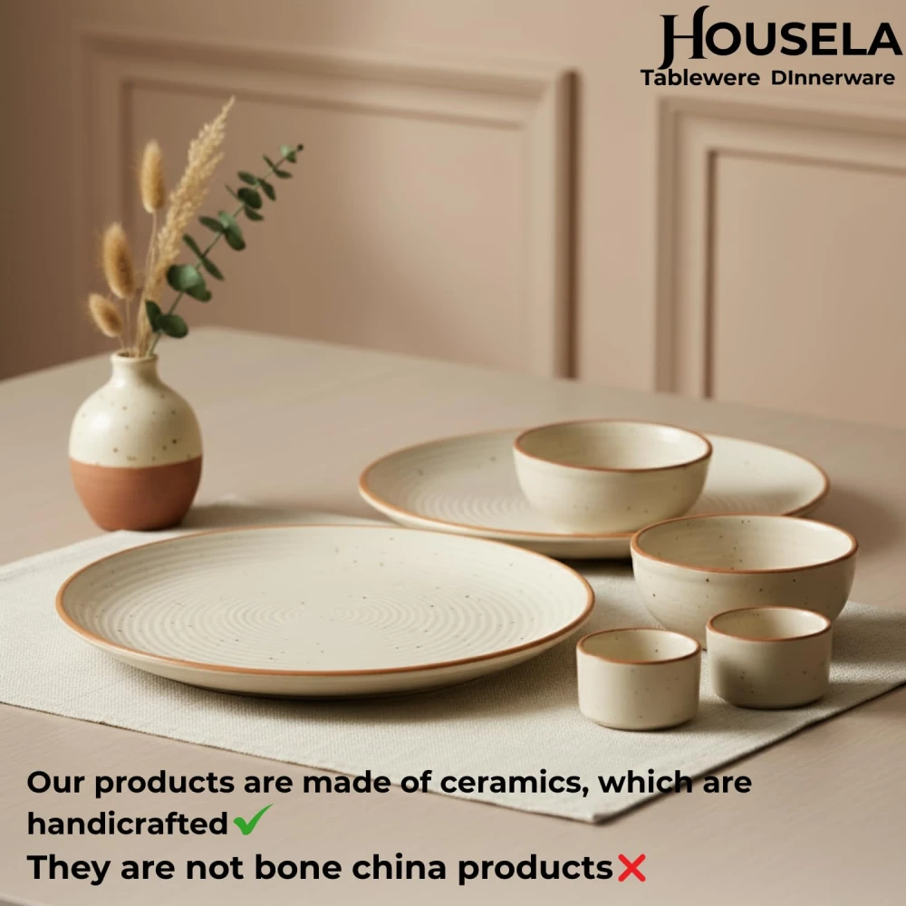 Housela Hand-Painted Ceramic Dinner Set of 6 | 2 Stoneware Dinner Plates 10 Inch, 2 Serving Bowls 180 ml & 2 Dip Bowls 2.4 Inch | Handmade Off-White Tableware | Microwave & Dishwasher Safe