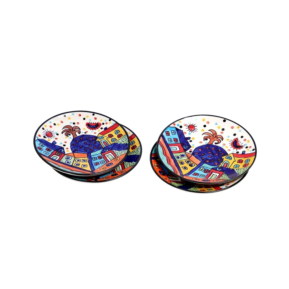HOUSELA Hut-Handcrafted Hut Dining Quarter Plates Pair Handpainted Ceramic Dinner Plates (7 Inches, 4 Pieces, Microwave & Dishwasher Safe)-Multicolor