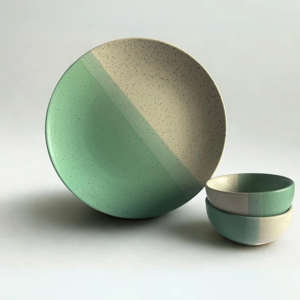 Ceramic Serving Set | 1 Dinner Plate & 2 Bowl | Dual Tone Green & Beige Speckled Design for Snacks, Meals & Appetizers
