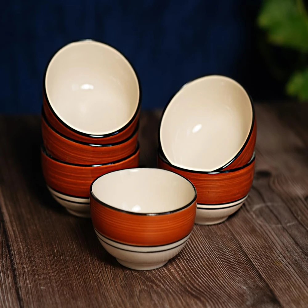 Rudrart Hand-Painted Multicolored Ceramic Bowls Set Ceramic Vegetable Bowl (Multicolor, Pack of 6) Brown & White