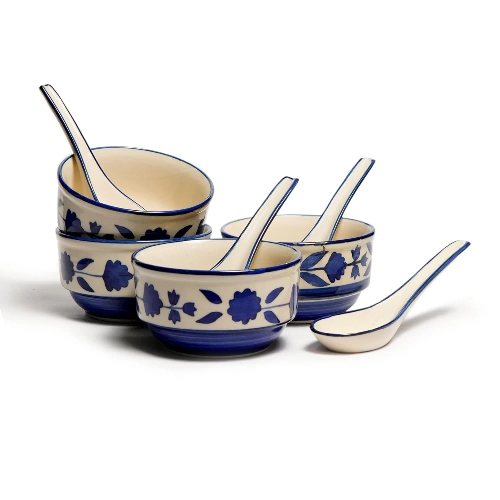 HOUSELA Soupy Floral Handpainted Ceramic Modern Soup Set Bowl with Spoon Microwave Safe Dishwasher Safe (300 ml, Blue & White) -Set of 4