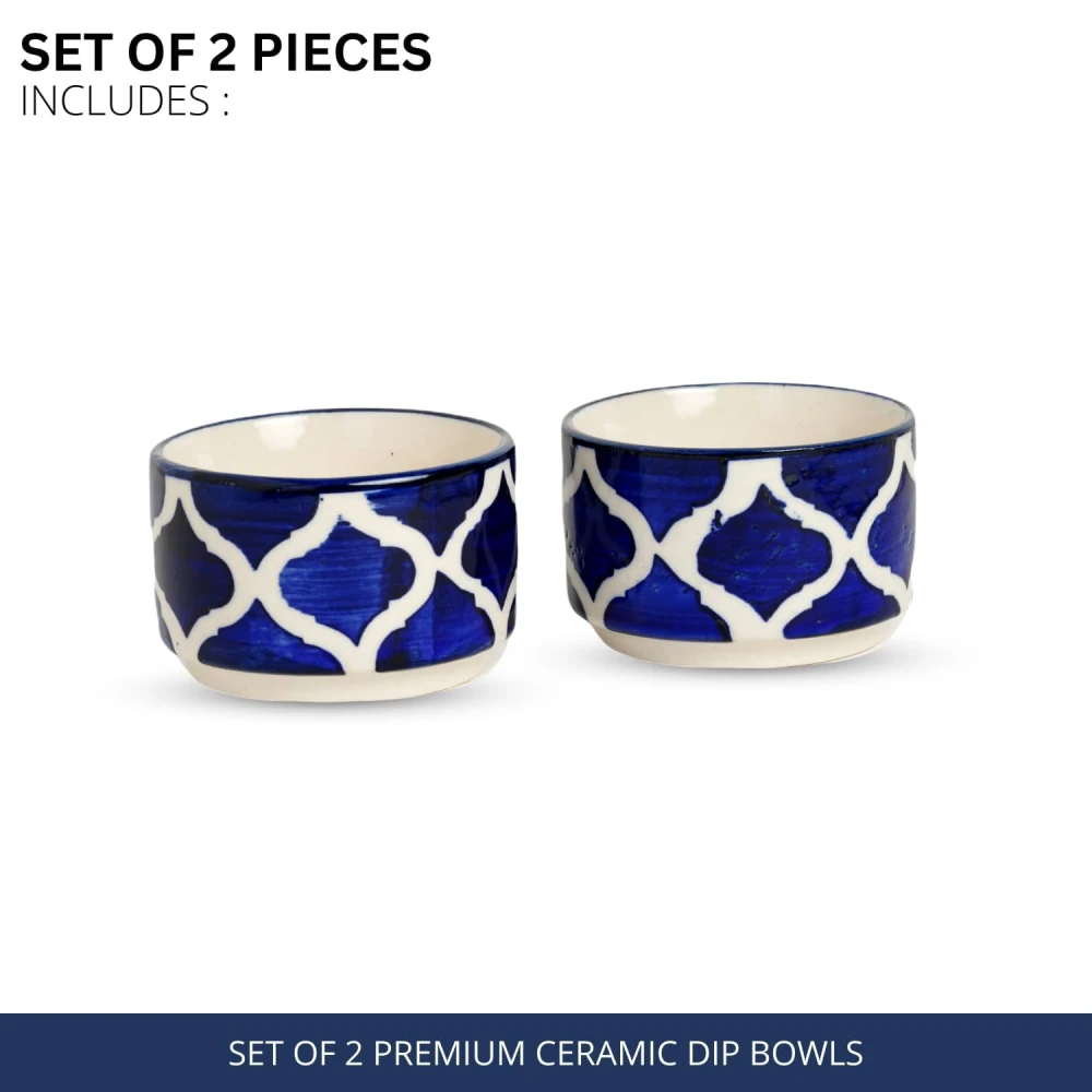 HOUSELA Handpainted Moroccan/Umrao Pattern Ceramic Dip Bowl/Chutney Bowl/Pickle Bowl/Sauce Bowl/Small Katori Set in Round Shape (40 ML, Small, Set of 2 (Blue & White)