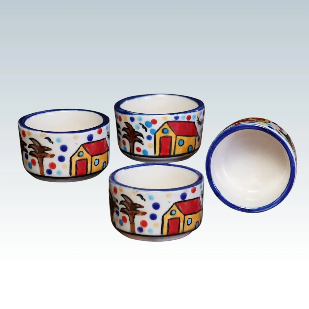 HOUSELA Handpainted Hut Ceramic Dip Bowl/Chutney Bowl/Pickle Bowl/Sauce Serving Bowl Set of (50 ML, Small, 2-Pieces, Multicolour, Cartoon Shape Square)