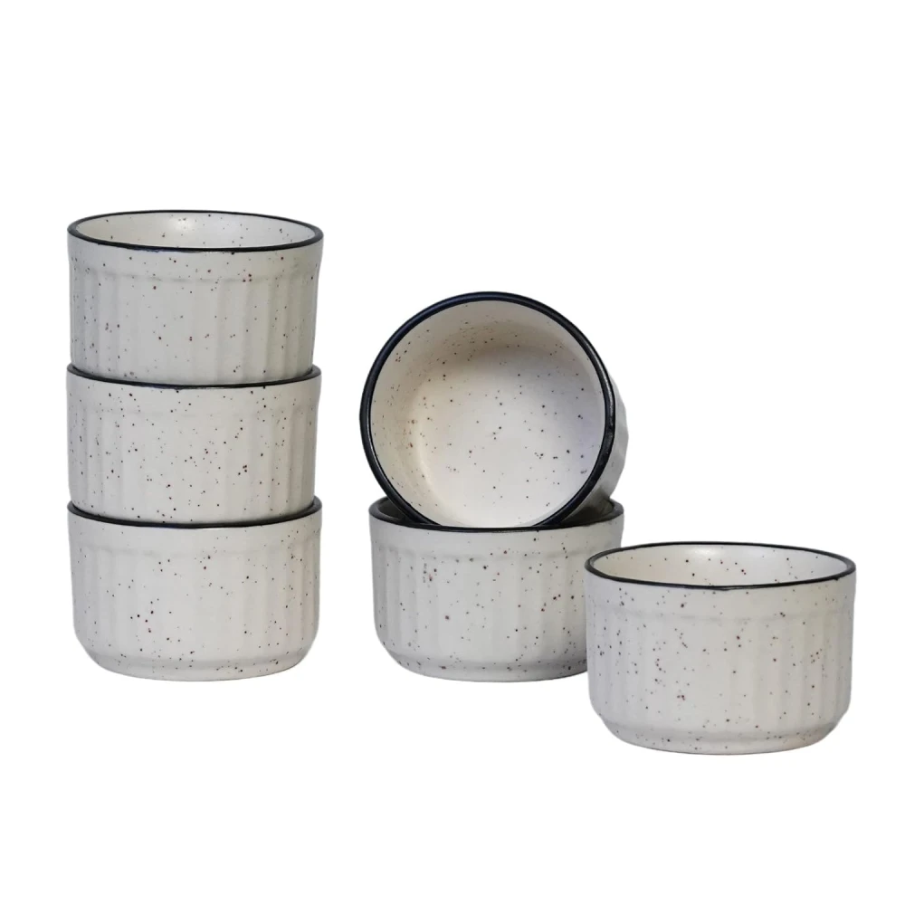 Rudrart Creation Ceramic Ramekin Bowl Set of 6 – White with Black Rim | Premium Stoneware Dessert Bowls for Baking, Serving, Custard, Soufflé, Dip & Snacks | Microwave & Dishwasher Safe