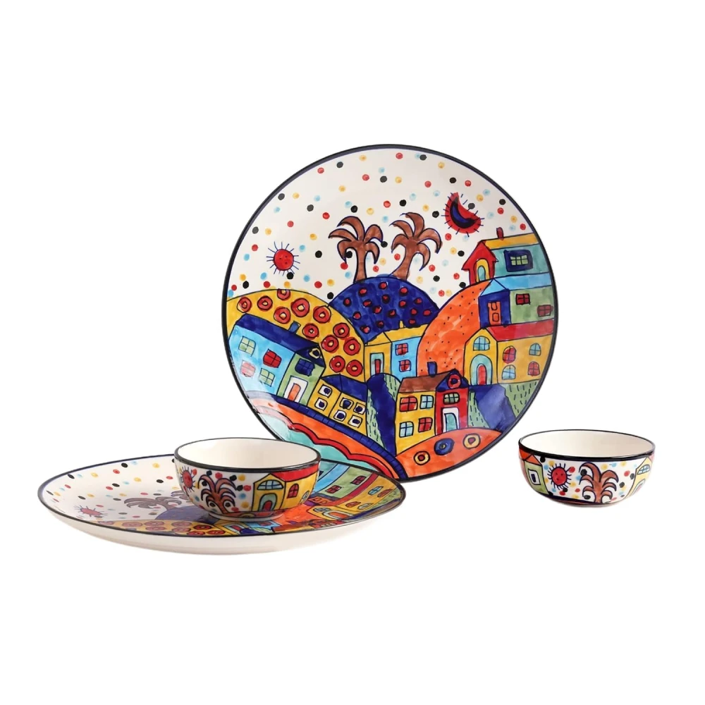 Hut Family Hand-Painted Glossy Dinner Set Ceramic Stoneware Dinner Set of 4 Pieces | 2 Dinner Plate 10.3 Inch & 2 Serving Bowls 180 Ml | Dishwasher & Microwave Safe - Multicolor, Solid