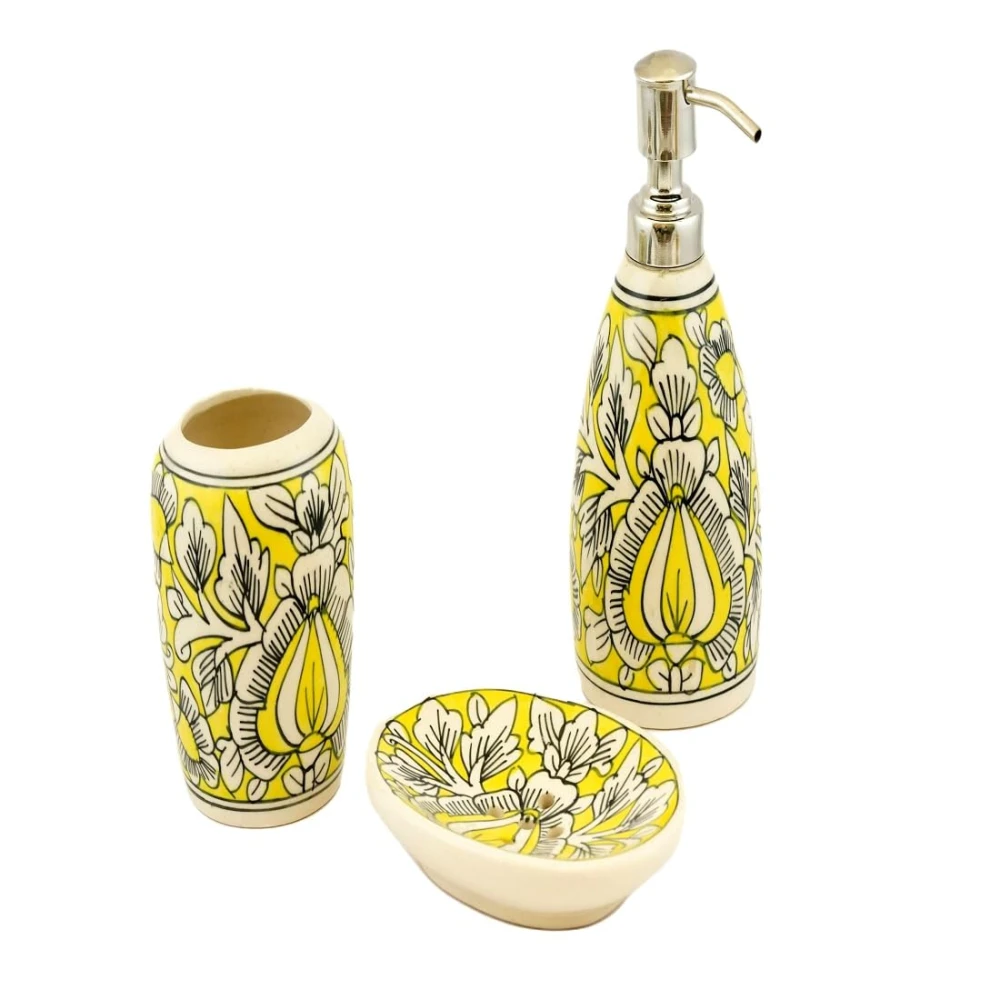Rudrart Creations Decorated Floral Design Ceramic Bath Decor Bathroom Accessory Set of 3 (Liquid Soap Dispenser, Toothbrush Holder, Soap Tray)
