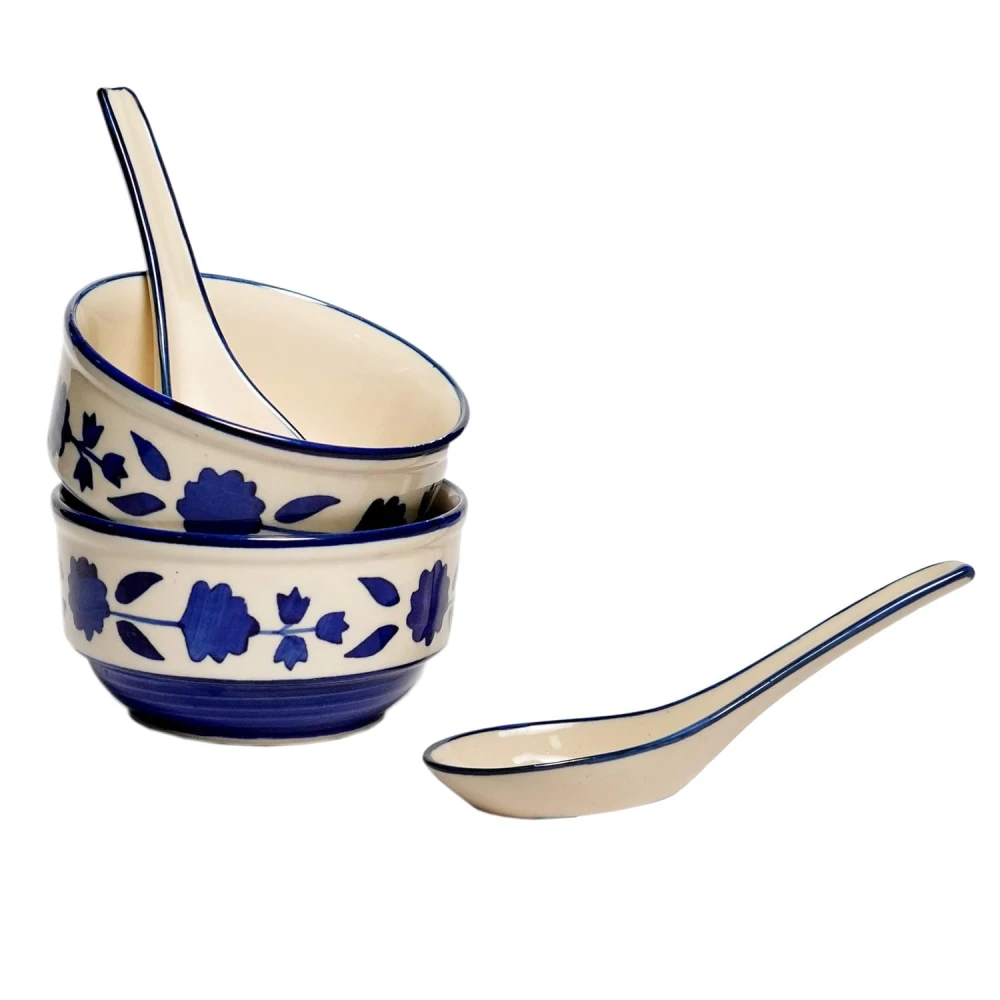 HOUSELA Soupy Floral Handpainted Ceramic Modern Soup Set Bowl with Spoon Microwave Safe Dishwasher Safe (300 ml, Blue & White) -Set of 2