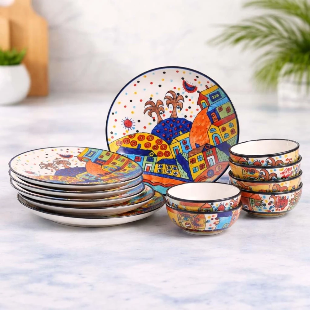 Hut Family Hand-Painted Glossy Dinner Set Ceramic Stoneware Dinner Set of 12 Pieces | 6 Dinner Plate 10.3 Inch & 6 Serving Bowls 180 Ml | Dishwasher & Microwave Safe - Multicolor, Solid