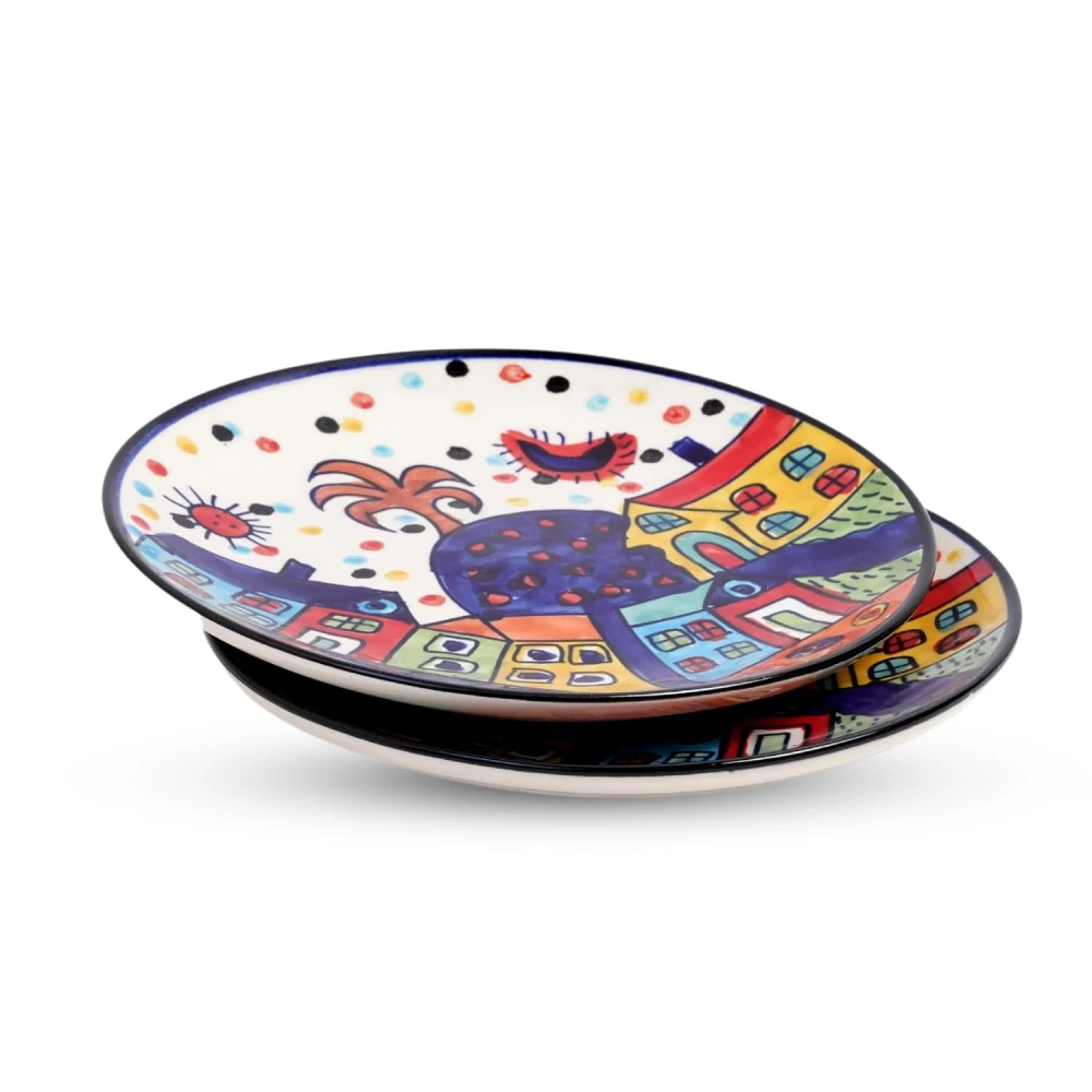 HOUSELA Hut-Handcrafted Hut Dining Quarter Plates Pair Handpainted Ceramic Dinner Plates (7 Inches, 4 Pieces, Microwave & Dishwasher Safe)-Multicolor