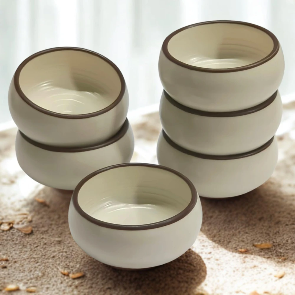 HOUSELA Ceramic Serving Bowls Set of 6-150ml Small Bowls Cream Brown Rim | Microwave Safe for Snacks Chutney Dessert Dips