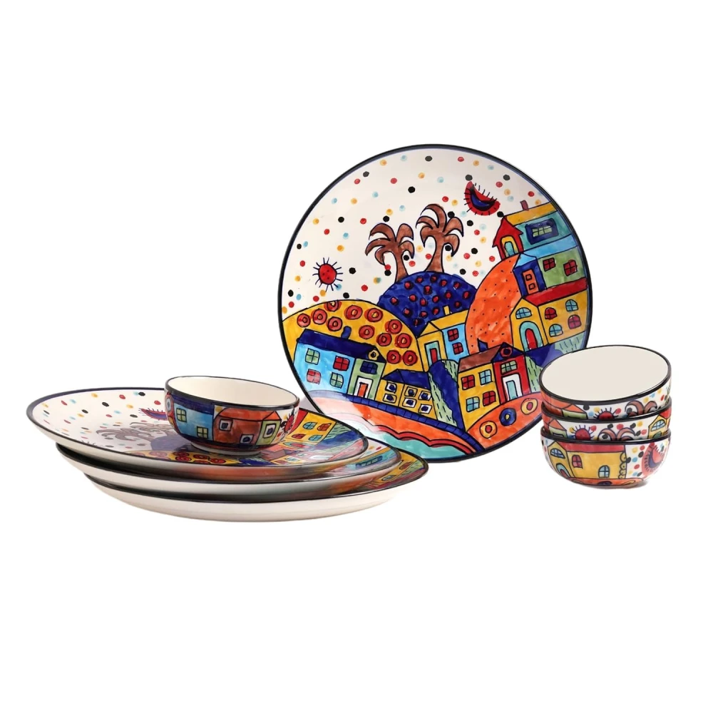 Hut Family Hand-Painted Glossy Dinner Set Ceramic Stoneware Dinner Set of 8 Pieces | 4 Dinner Plate 10.3 Inch & 4 Serving Bowls 180 Ml | Dishwasher & Microwave Safe - Multicolor, Solid