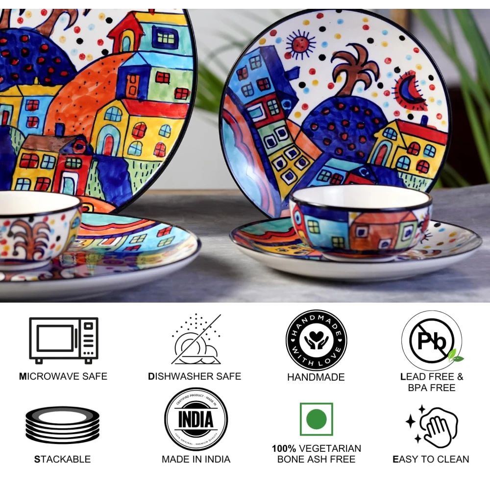 Hut Dining Hand-Painted Stoneware Dinner Set Ceramic Set of 6 Pieces | 2 Stoneware Dinner Plates, 2 Side Plates & 2 Serving Bowls | Microwave & Dishwasher Safe - Multicolor