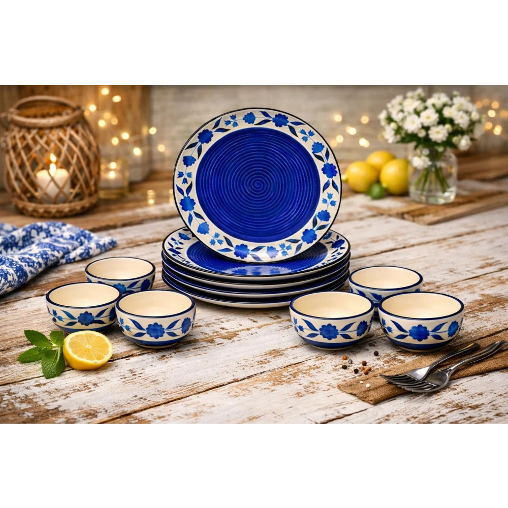 Hand-Painted Floral Ceramic Dinner Set of 12 Pcs | 6 Ceramic Dinner Plate and 6 Bowl/katori | Bone Ash Free | Microwave and Dishwasher Safe - Blue