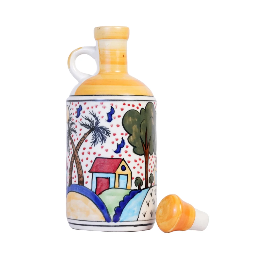 HOUSELA Ceramic Hut-Painted 1000 Ml Oil Dispenser for Kitchen, Oil Bottle,Oil Sprayer, Vinegar Bottle for Kitchen Storage/100% Food & Microwave Safe
