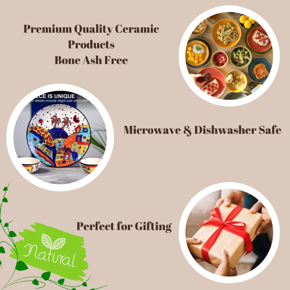 Hut Family Hand-Painted Glossy Dinner Set Ceramic Stoneware Dinner Set of 3 Pieces | 1 Dinner Plate & 2 Serving Bowls | Dishwasher & Microwave Safe - Multicolor