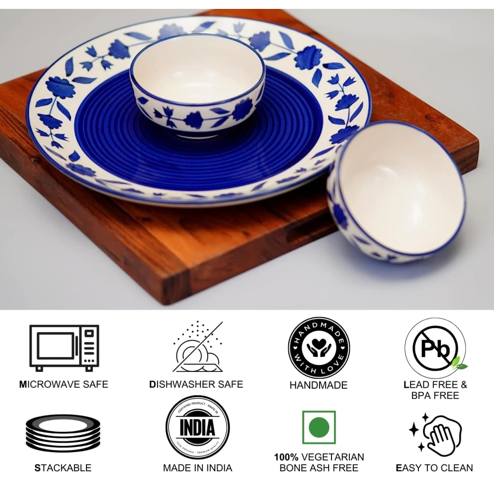 Hand-Painted Floral Ceramic Dinner Set of 3 Pcs | 1 Ceramic Dinner Plate and 2 Bowl/katori | Bone Ash Free | Microwave and Dishwasher Safe - Blue