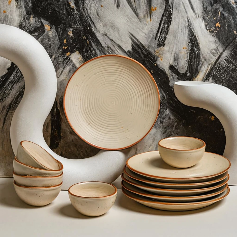 Premium Ceramic Dinner Set for 6 – 6 Dinner Plates & 6 Bowls | Microwave & Dishwasher Safe | Modern Rustic Beige Dinnerware Set | Durable Ceramic Kitchen Dining Set