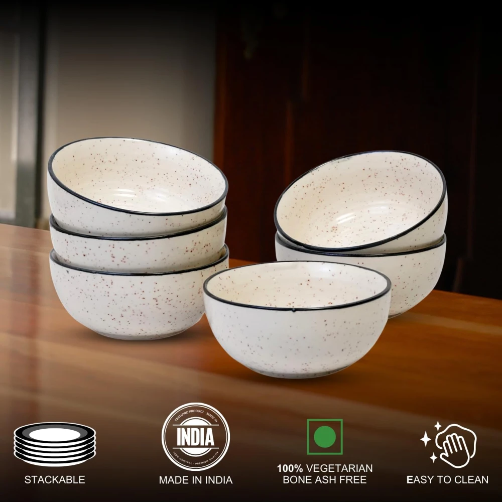HOUSELA Hand-Painted White Ceramic Black Dotted Speckled Bowl Set of 6 (200ml) | Small Serving Soup Bowls, Cereal Bowl, Pasta Bowls | Dishwasher & Microwave Safe - Off White