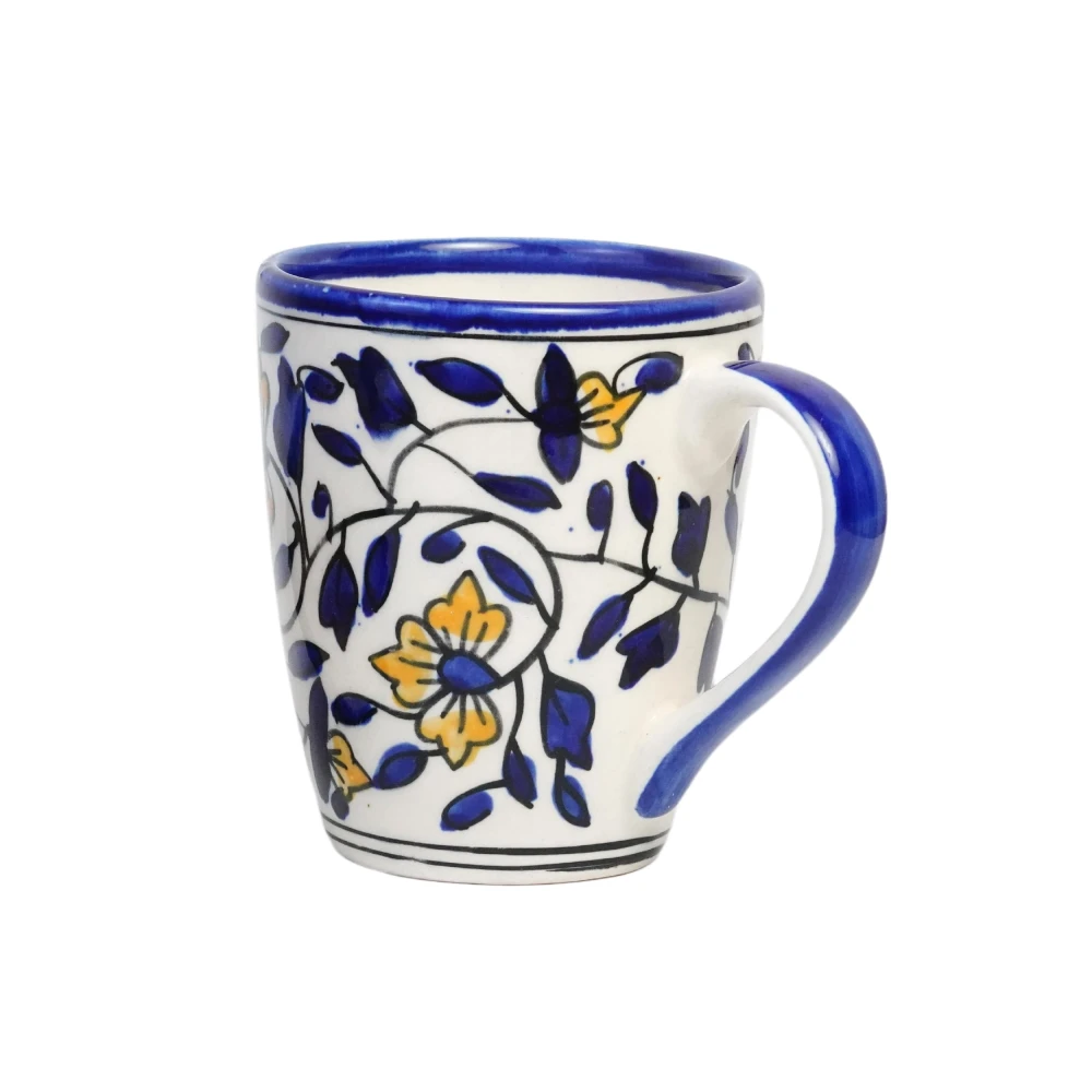 HOUSELA Floural Blue Hand-Painted Serving Tea Cups Set Milk Mugs & Ceramic Coffee Mugs, Set of 4 (270 ML) Microwave & Dishwasher Safe