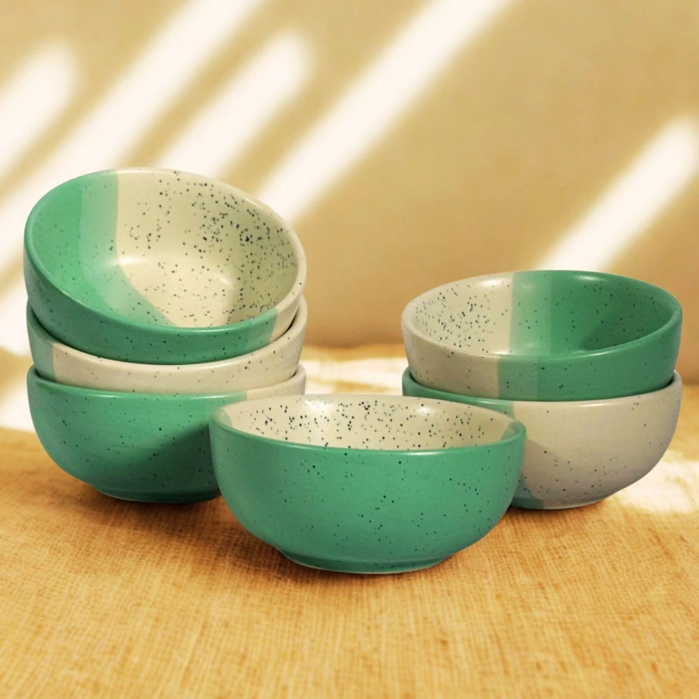 HOUSELA Handmade Dual-Tone Ceramic Bowls Set of 6 – Speckled Green & White Serving Bowls