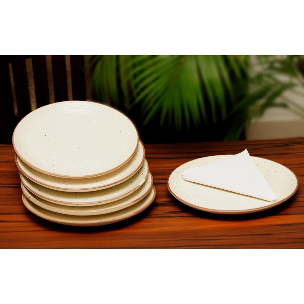 HOUSELA Cream Ribbed Stoneware Dinner Plates | Premium 10.3-Inch Off-White Ceramic Dinner Plates Set of 6 | Heavy & Durable Stoneware Plates | Designer Ribbed Texture Plates | Microwave