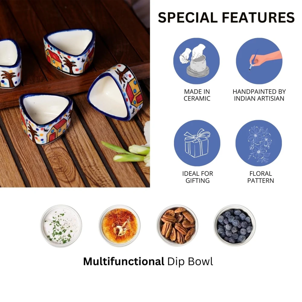 HOUSELA Hand Painted White Ceramic Triangle Shape Bowl for Serving Chutney Bowl Sauce Bowl Pickle Bowl Set of 6 Pcs